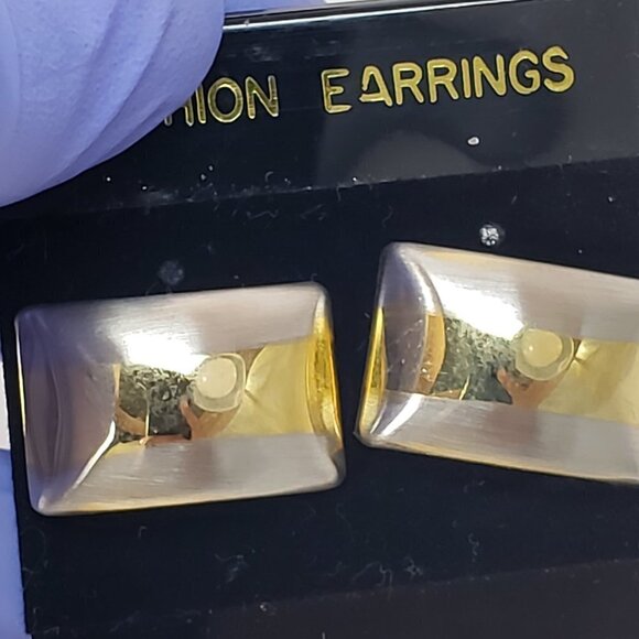 Gold, Silver Dual-Tone Stud Earrings Modern Stripe Design, 0.5x1 Fashion Jewelry - Picture 8 of 8